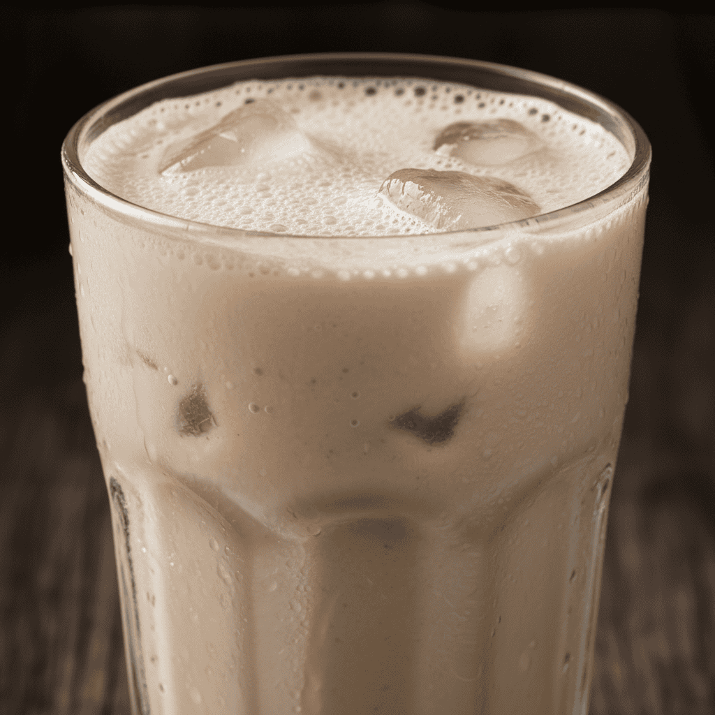 Close-up of cold Dominican jugo de avena in a glass with ice and condensation