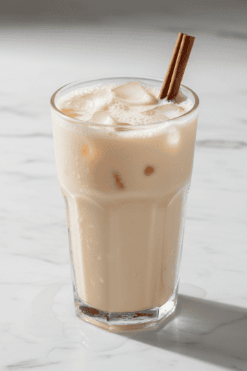 Tall glass of cold Dominican jugo de avena over ice with cinnamon garnish