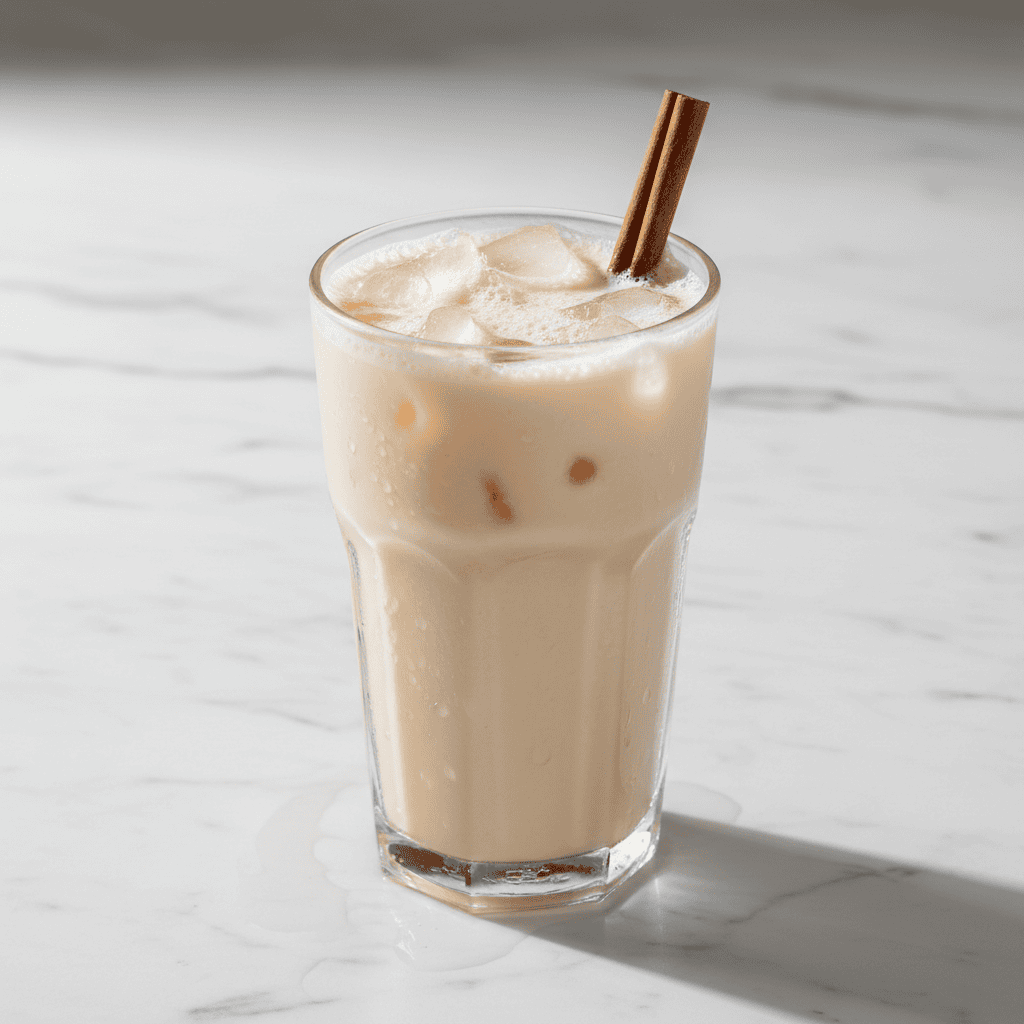 Tall glass of cold Dominican jugo de avena over ice with cinnamon garnish