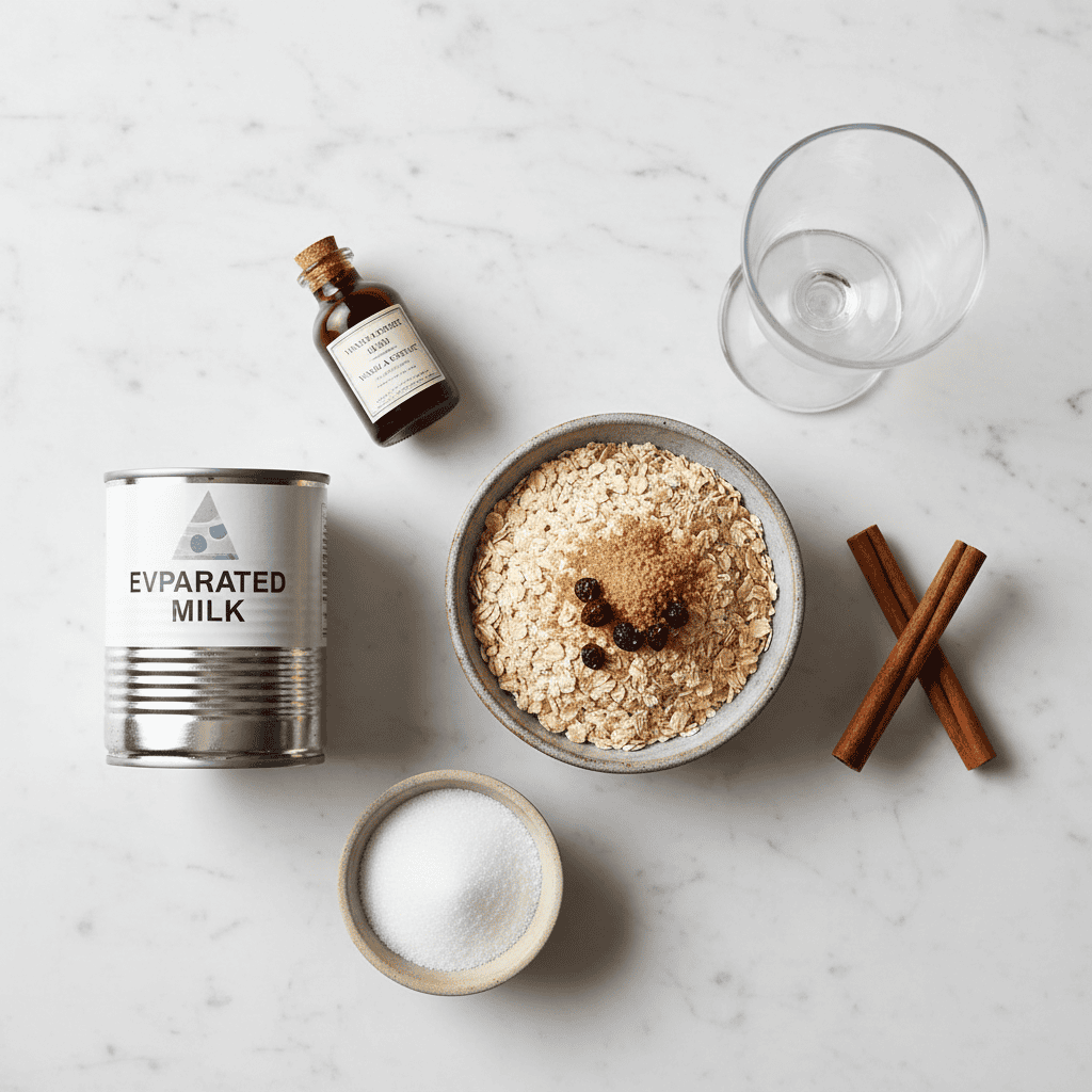 Jugo de avena fria ingredients — rolled oats, cinnamon, evaporated milk, sugar, vanilla