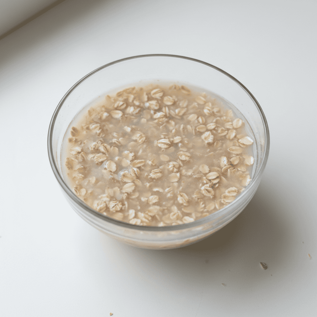 Rolled oats soaking in water in a clear bowl — first step for Dominican cold oat drink