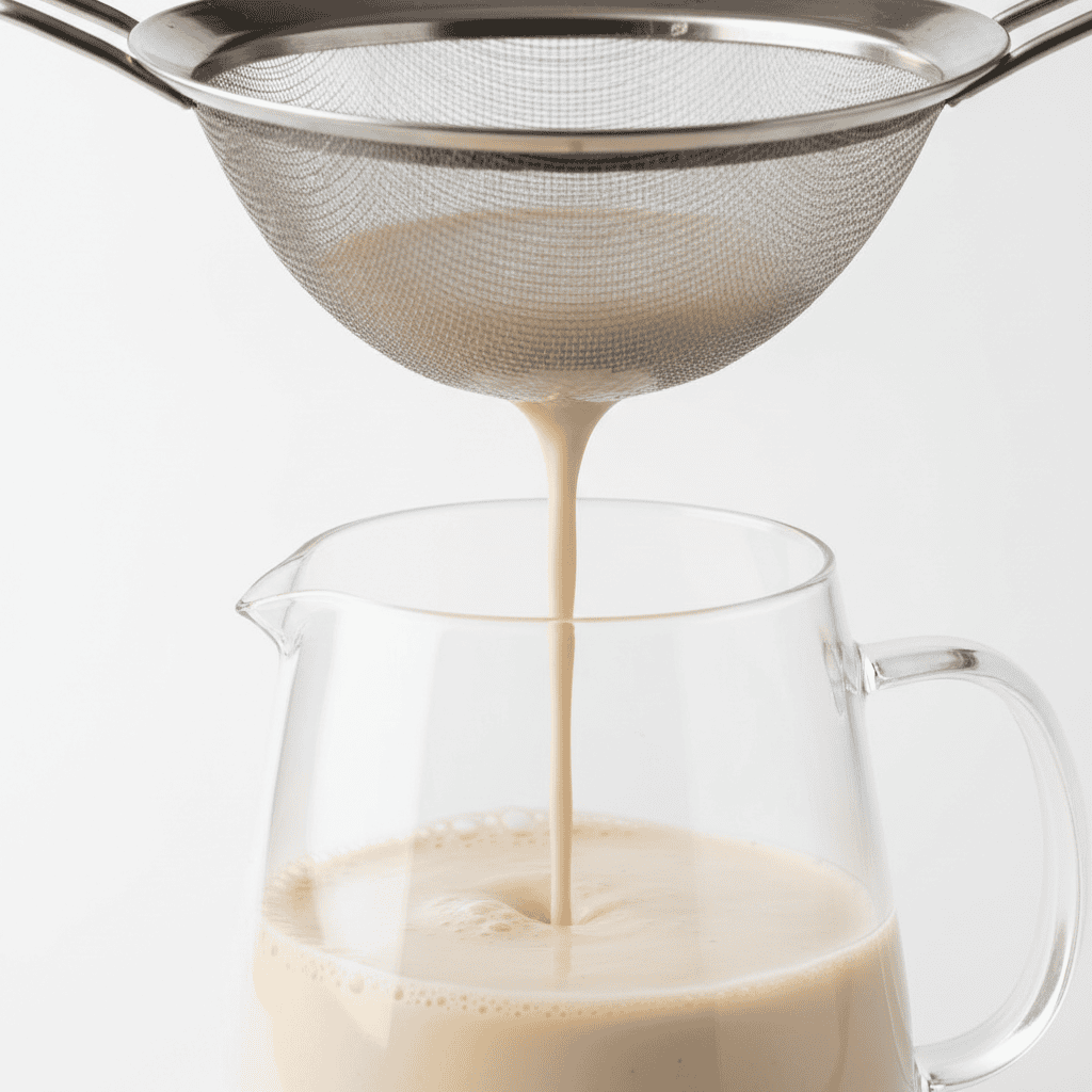 Dominican avena fria being strained through a fine mesh sieve into a pitcher