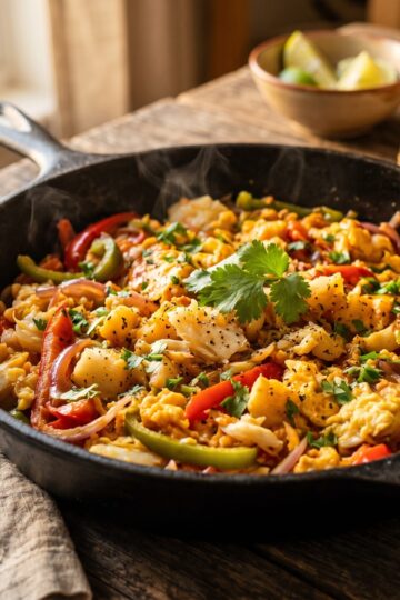 Dominican Bacalao con Huevos in a rustic cast iron skillet with salt cod, scrambled eggs, peppers and onions garnished with fresh cilantro