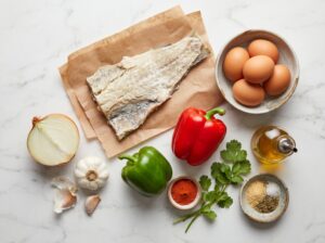 Flat lay ingredients for Dominican Bacalao con Huevos: dried salt cod, eggs, peppers, onion, garlic, achiote, cilantro and olive oil