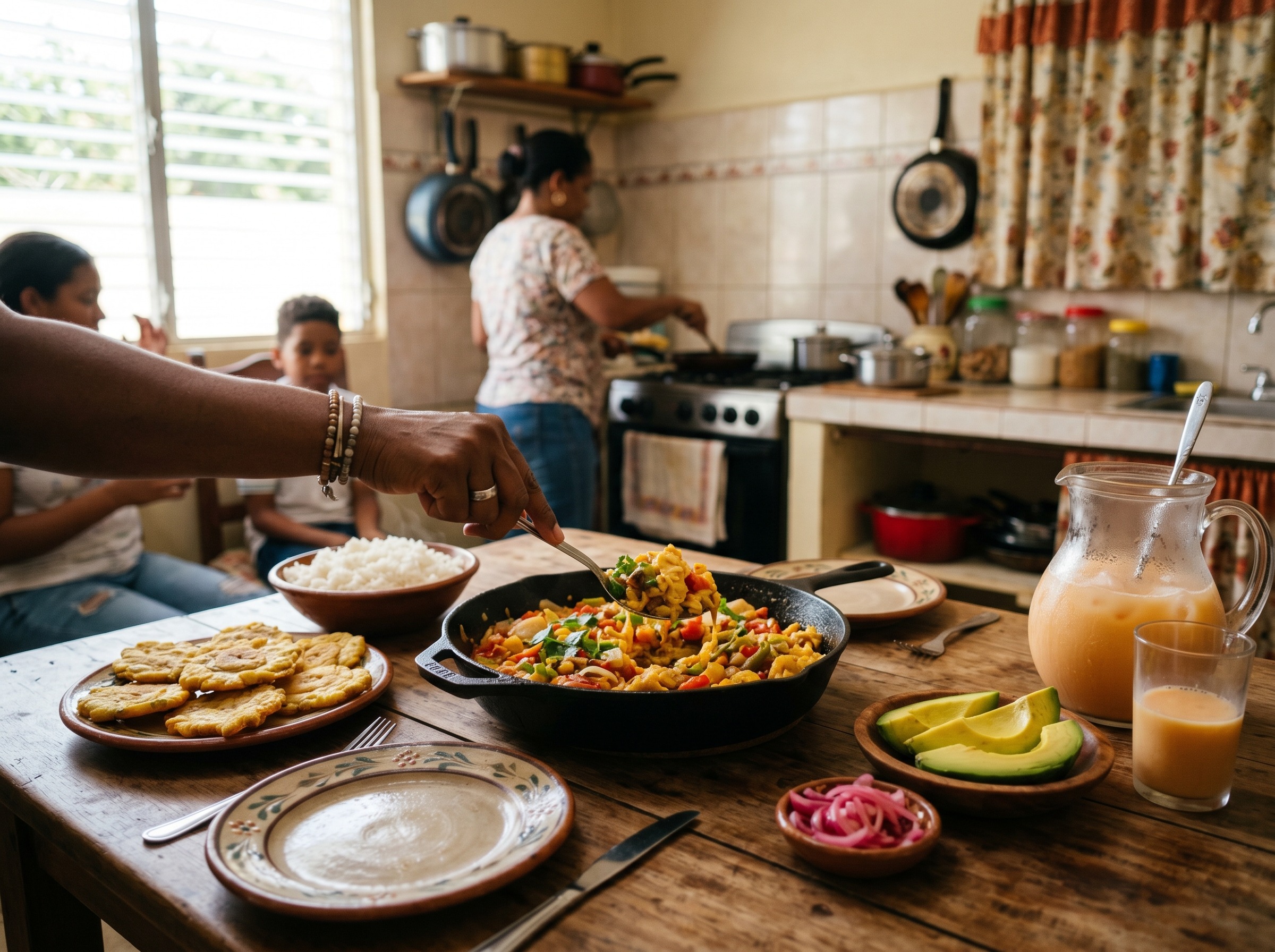 Family-style Dominican table with Bacalao con Huevos in the center surrounded by rice, plantains, avocado and a pitcher of morir soñando