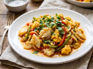 Close-up plated serving of Dominican Bacalao con Huevos on a white ceramic plate with fresh cilantro