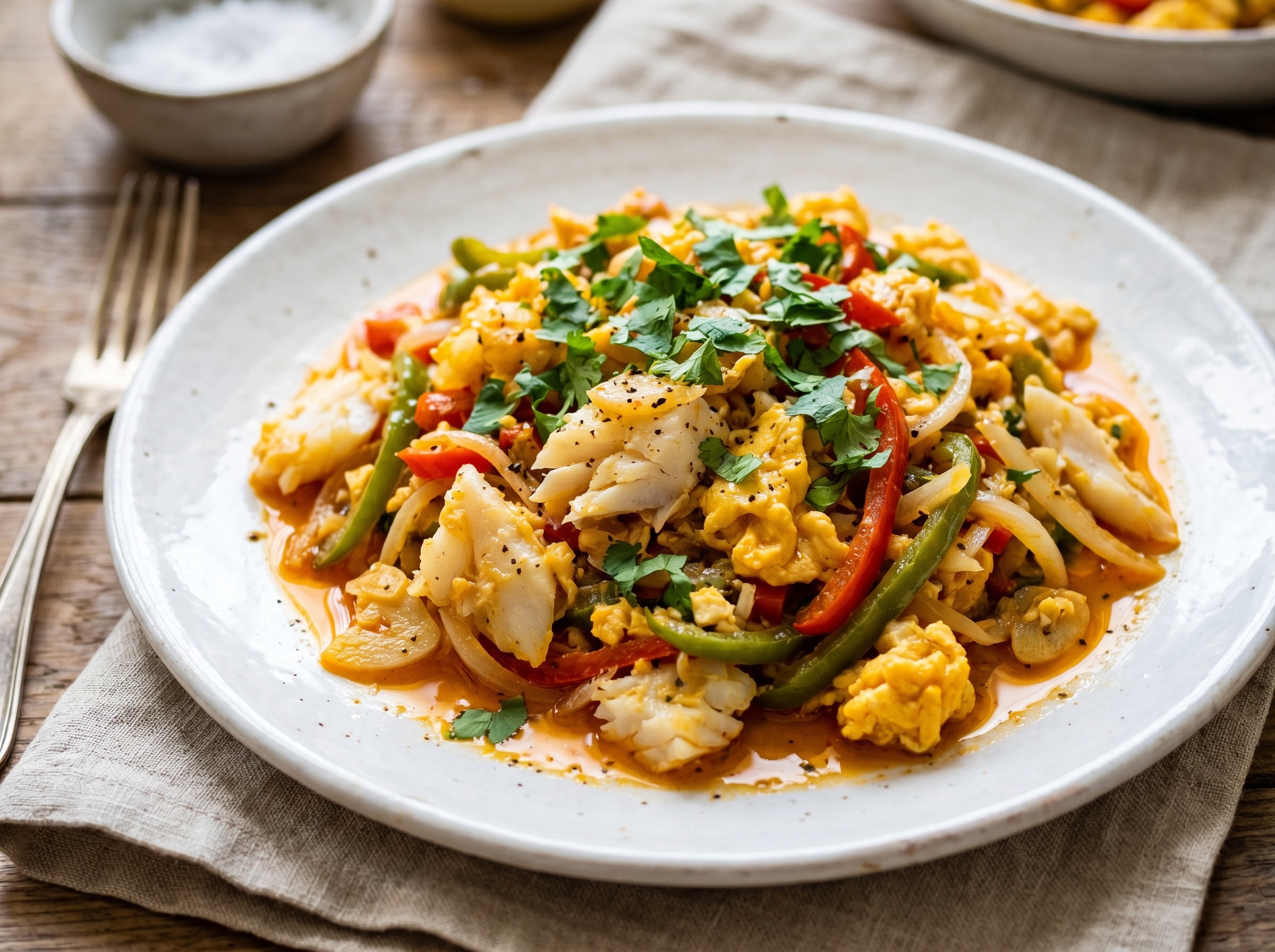 Close-up plated serving of Dominican Bacalao con Huevos on a white ceramic plate with fresh cilantro
