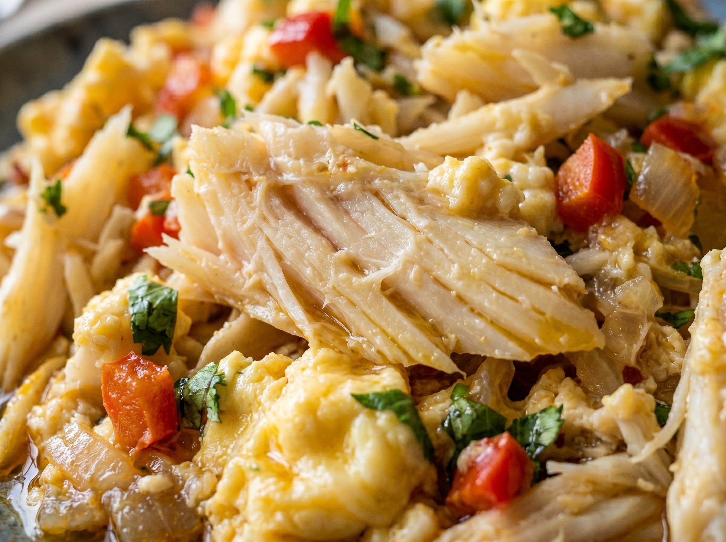 Macro close-up detail of Dominican Bacalao con Huevos showing flaky cod and soft egg curds coated in achiote oil