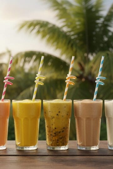 Five different Dominican batidos in tall glasses lined up - papaya mango passion fruit sapodilla banana