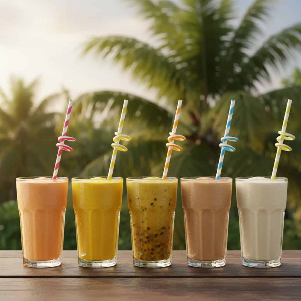 Five different Dominican batidos in tall glasses lined up - papaya mango passion fruit sapodilla banana