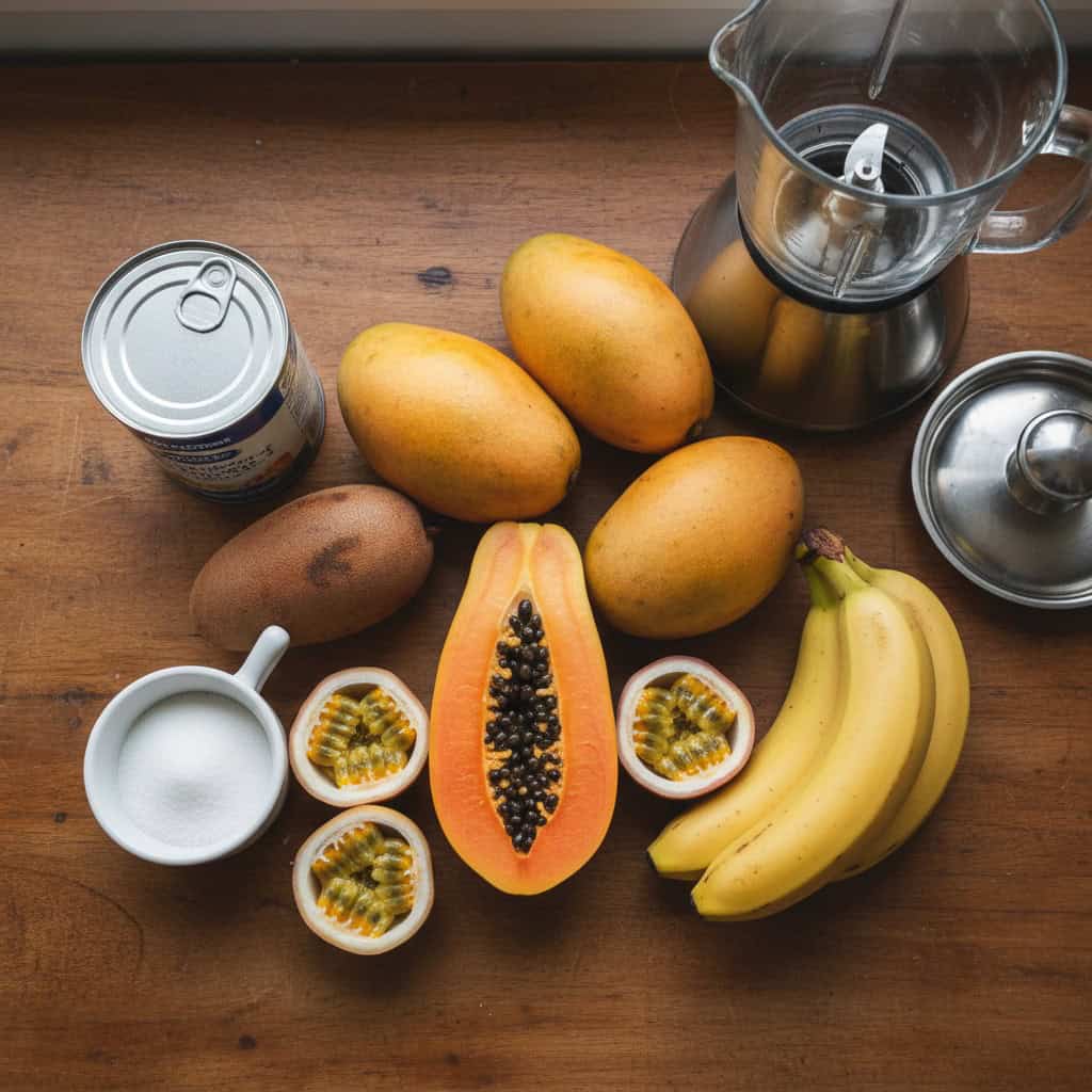 Five tropical fruits for Dominican batidos - papaya mango passion fruit sapodilla banana arranged on counter