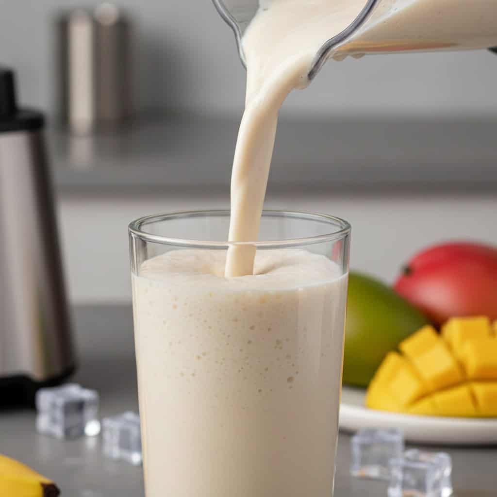 Five different colored Dominican batidos being poured into tall glasses