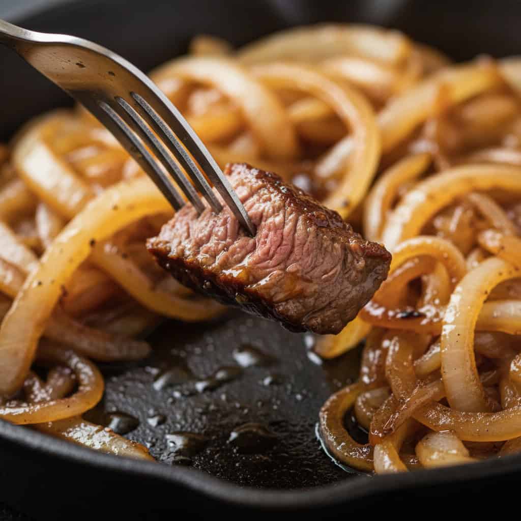 Close-up of bistec encebollado showing seared steak under caramelized onions