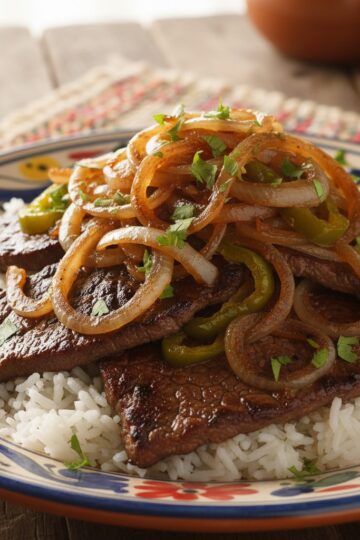 Dominican bistec encebollado - seared steak topped with caramelized onions over white rice
