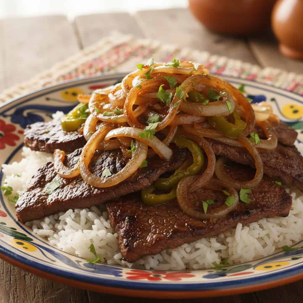 Dominican bistec encebollado - seared steak topped with caramelized onions over white rice