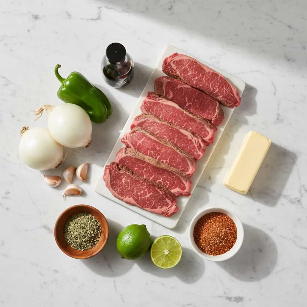 Ingredients for bistec encebollado - thin steaks onions garlic soy sauce