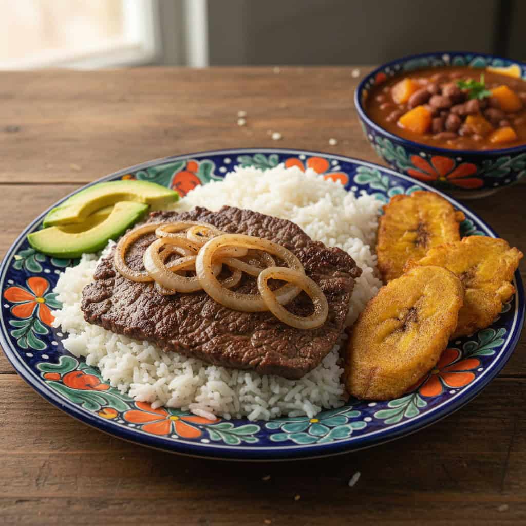 Bistec encebollado served with rice tostones and avocado