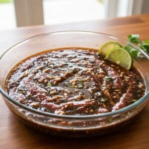 Thin steaks marinating in soy sauce garlic and lime for bistec encebollado