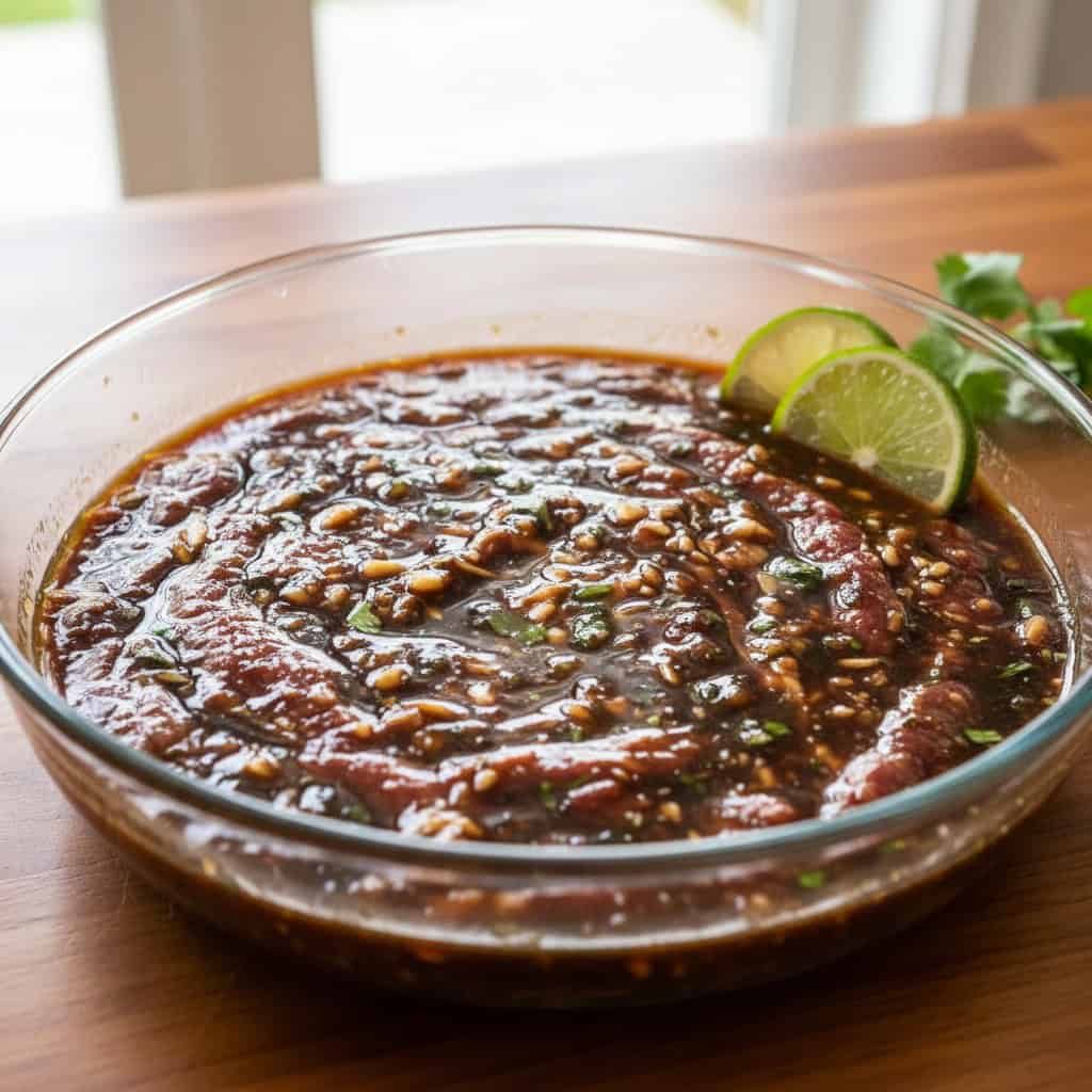 Thin steaks marinating in soy sauce garlic and lime for bistec encebollado