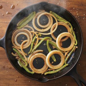 Caramelized onions cooking in beef drippings for bistec encebollado