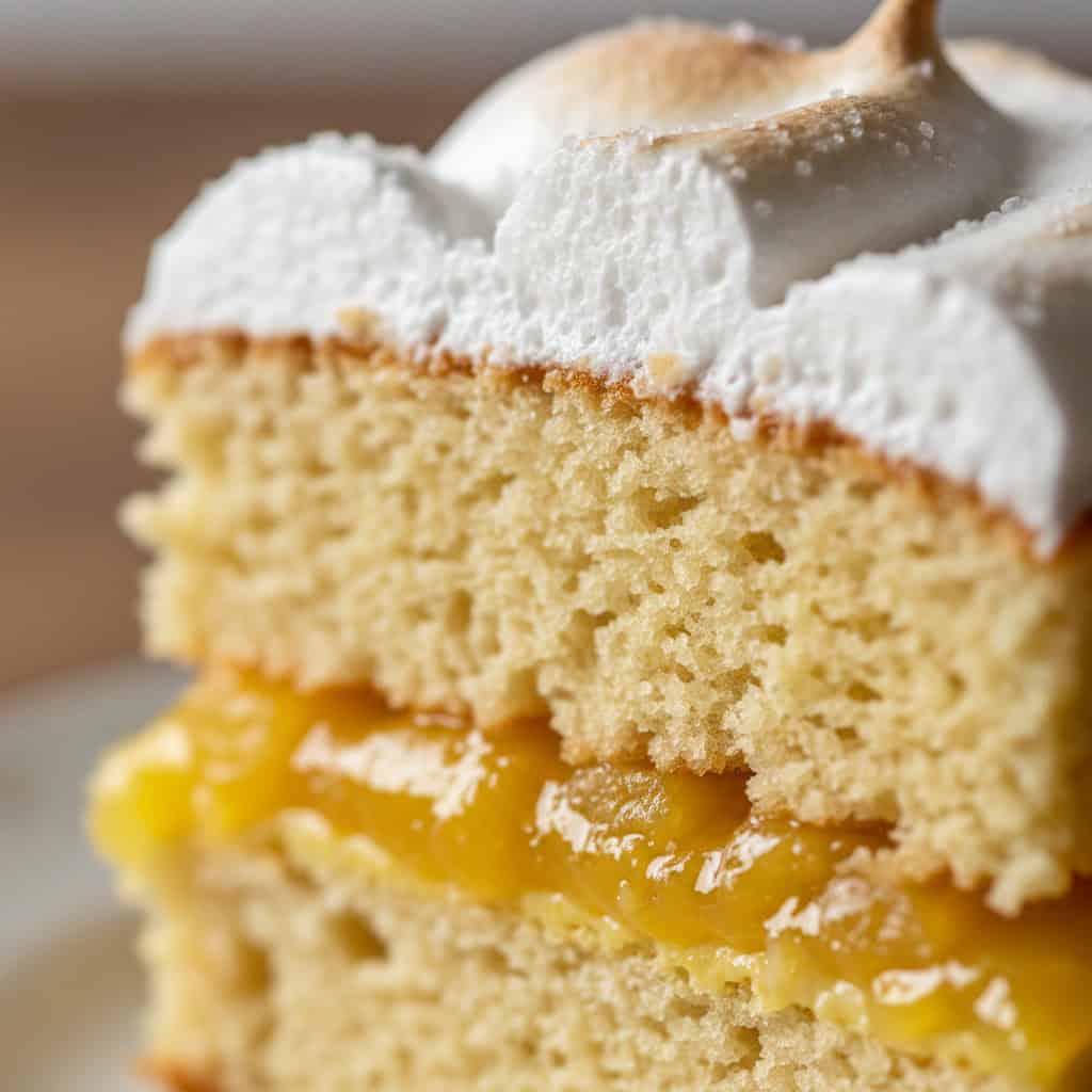 Close-up of light fluffy bizcocho cake texture with suspiro frosting