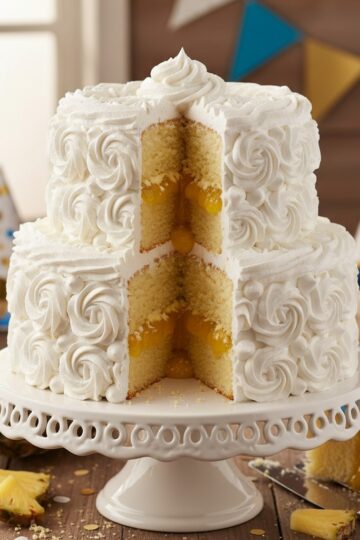 Tall Dominican bizcocho cake with white suspiro frosting and pineapple filling visible