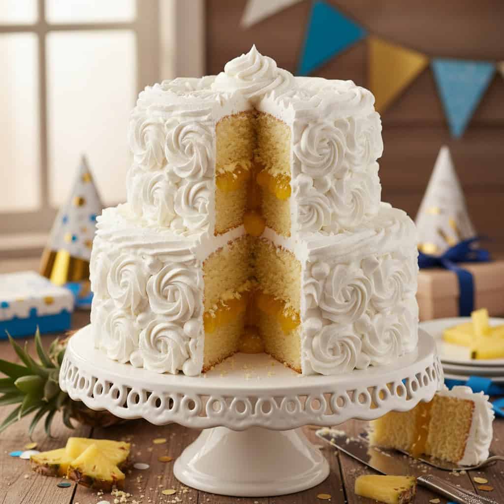 Tall Dominican bizcocho cake with white suspiro frosting and pineapple filling visible