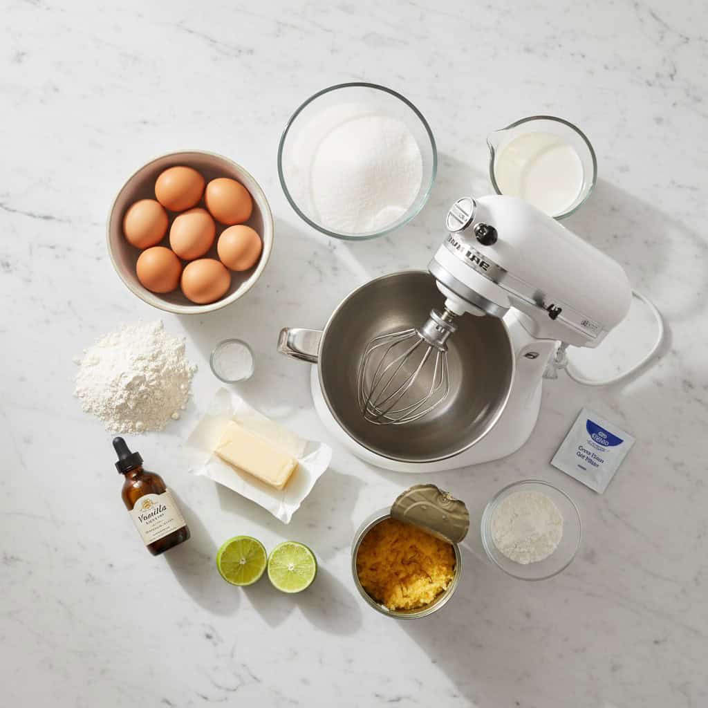 All ingredients for Dominican bizcocho cake laid out on counter