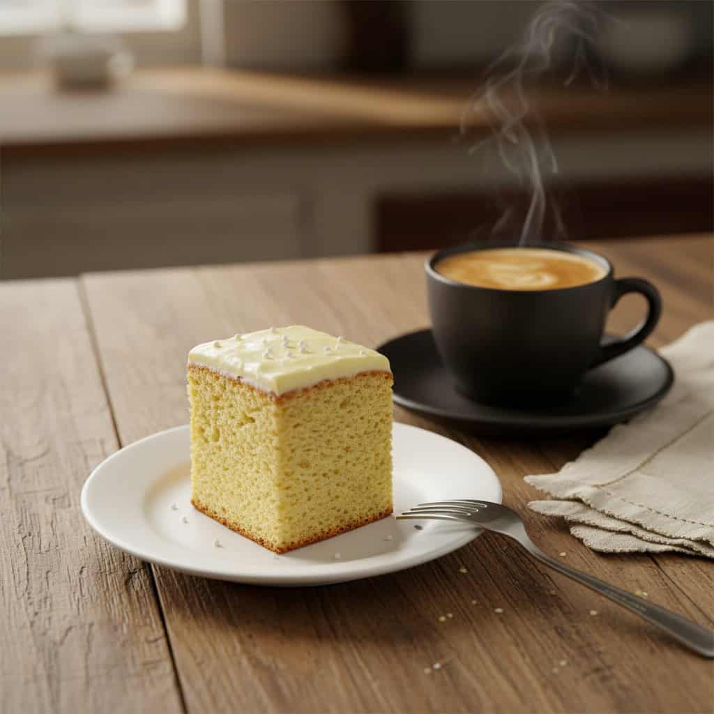 Slice of bizcocho dominicano served on plate with cup of coffee