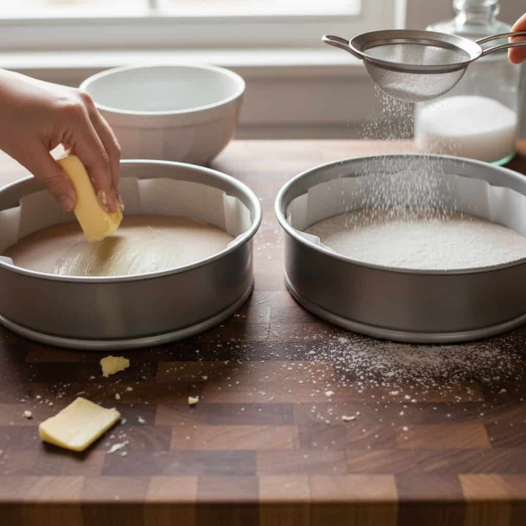 Cake pans being greased and floured for bizcocho dominicano
