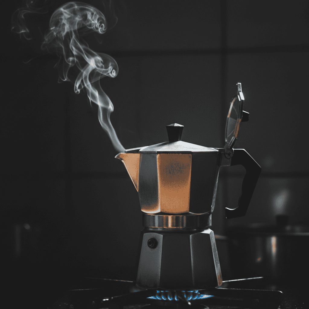 Dominican moka pot stovetop coffee maker brewing on gas flame with steam