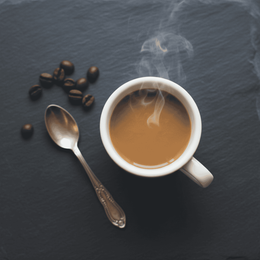 Close-up overhead of finished Dominican cafe con leche in a ceramic cup with steam