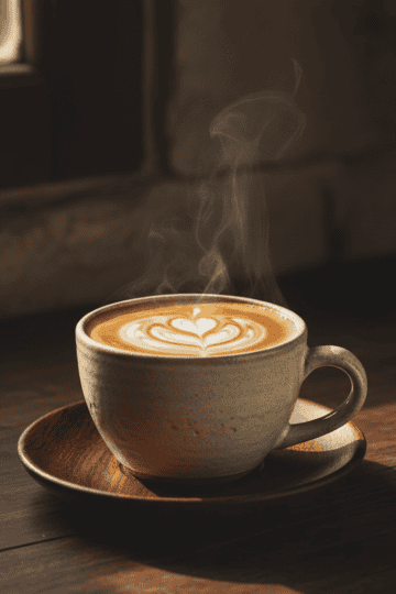 Small ceramic cup of Dominican cafe con leche with coffee and milk swirling in caramel tones