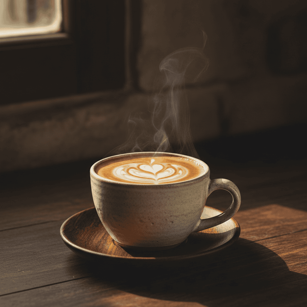 Small ceramic cup of Dominican cafe con leche with coffee and milk swirling in caramel tones