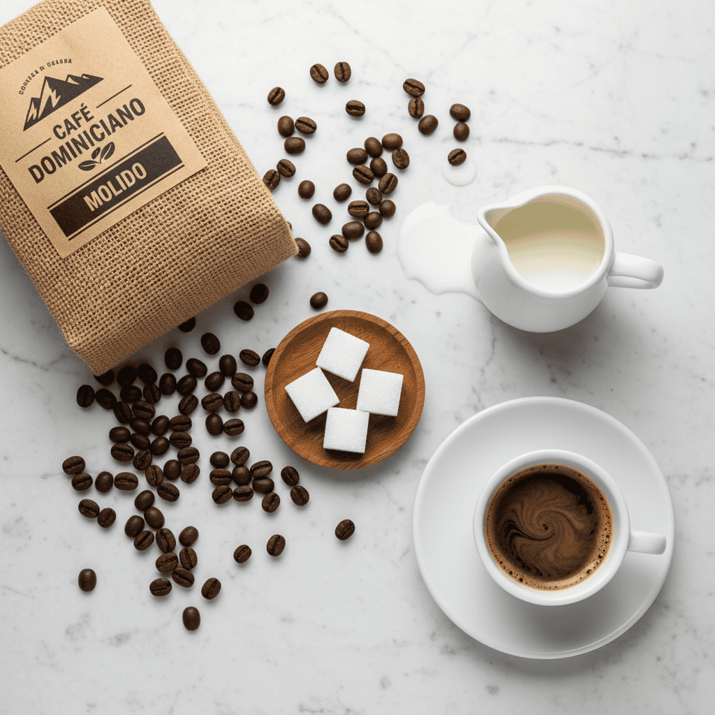 Dominican cafe con leche ingredients — dark roast coffee, milk, sugar, espresso cup