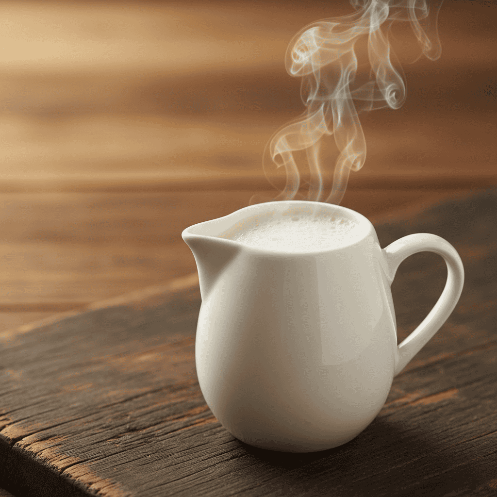 Warm steamed milk in a small pitcher for Dominican cafe con leche