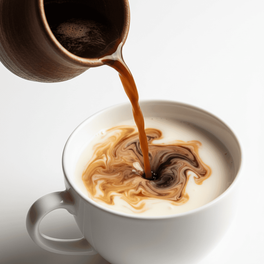 Dark Dominican coffee being poured into warm milk creating beautiful caramel swirls