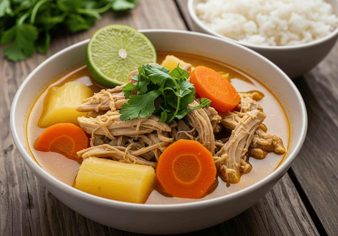 Caldo de Gallina Criolla served and plated