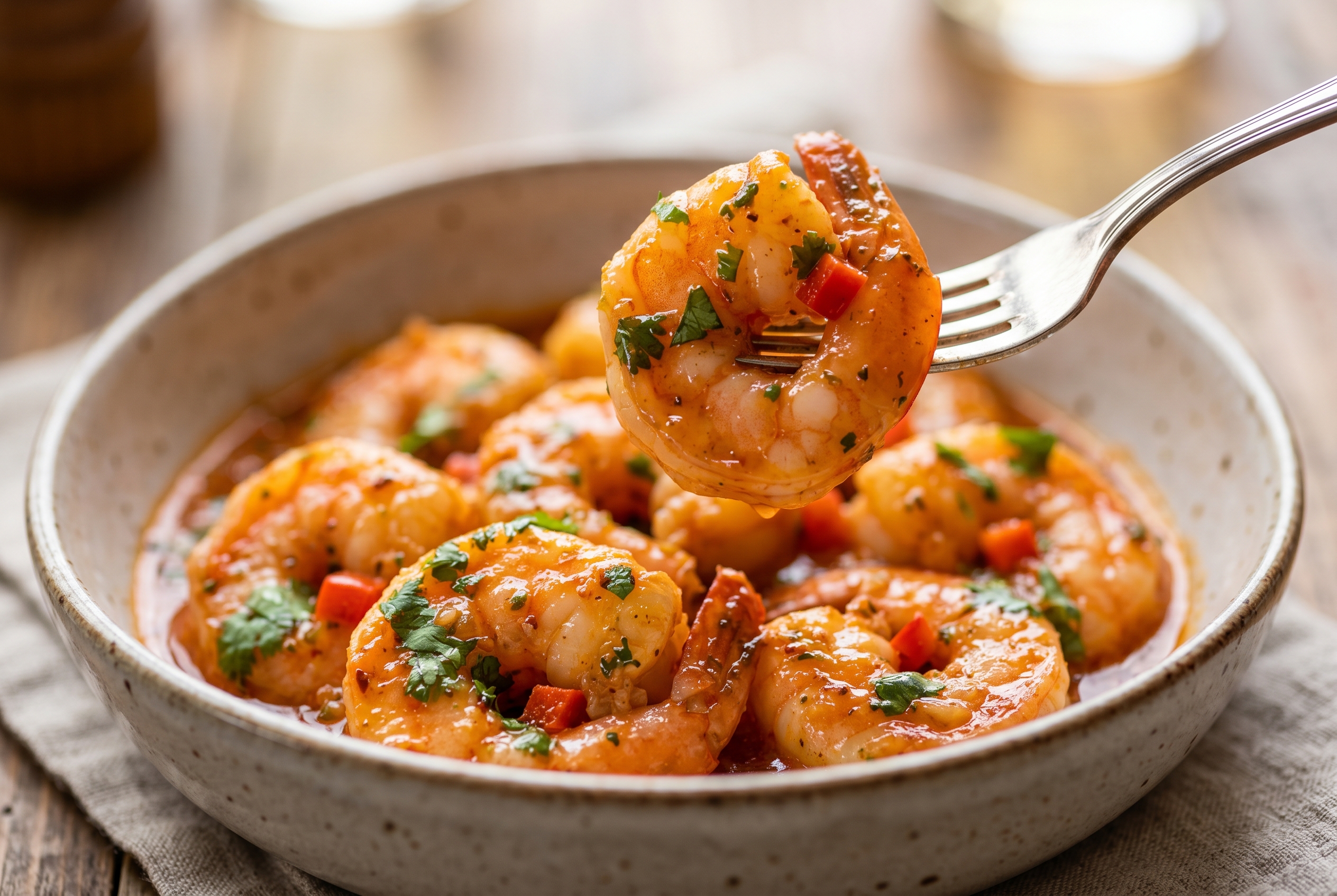 Close-up of camarones guisados plump pink shrimp coated in criollo sauce