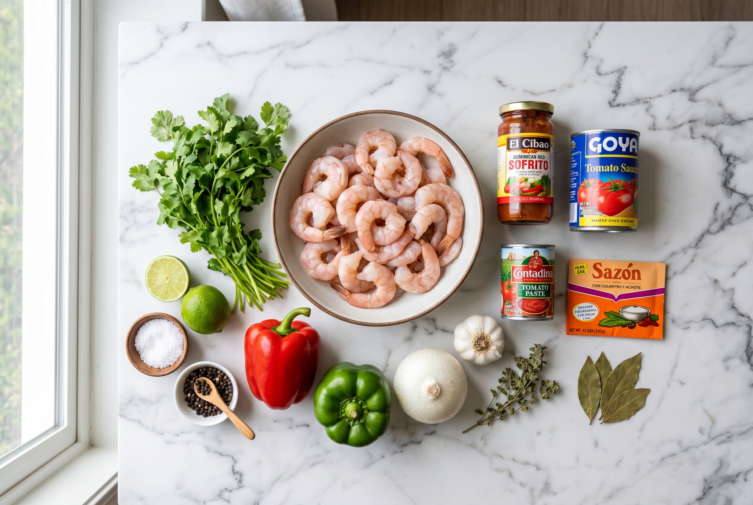 Ingredients for Dominican camarones guisados - shrimp sofrito tomato peppers onion garlic