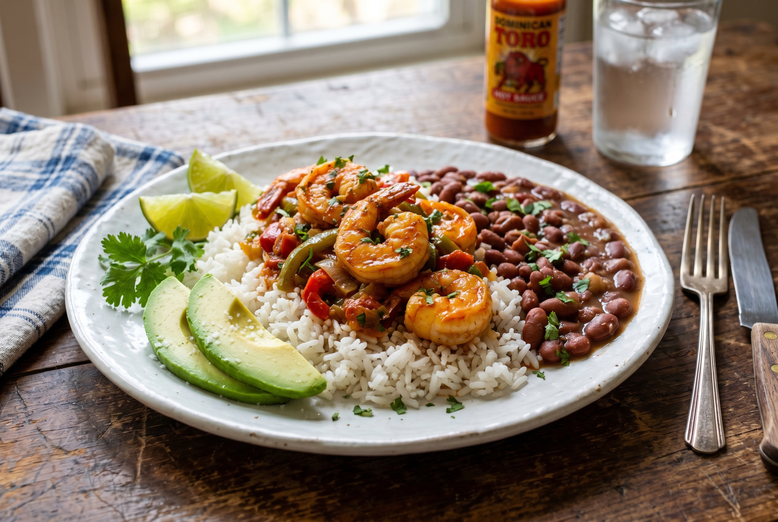 Camarones guisados served over white rice with habichuelas and avocado