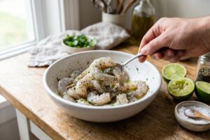 Peeled shrimp tossed in lime juice salt and pepper in a bowl