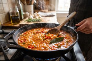 Criollo tomato sauce simmering in skillet with sofrito peppers and onion