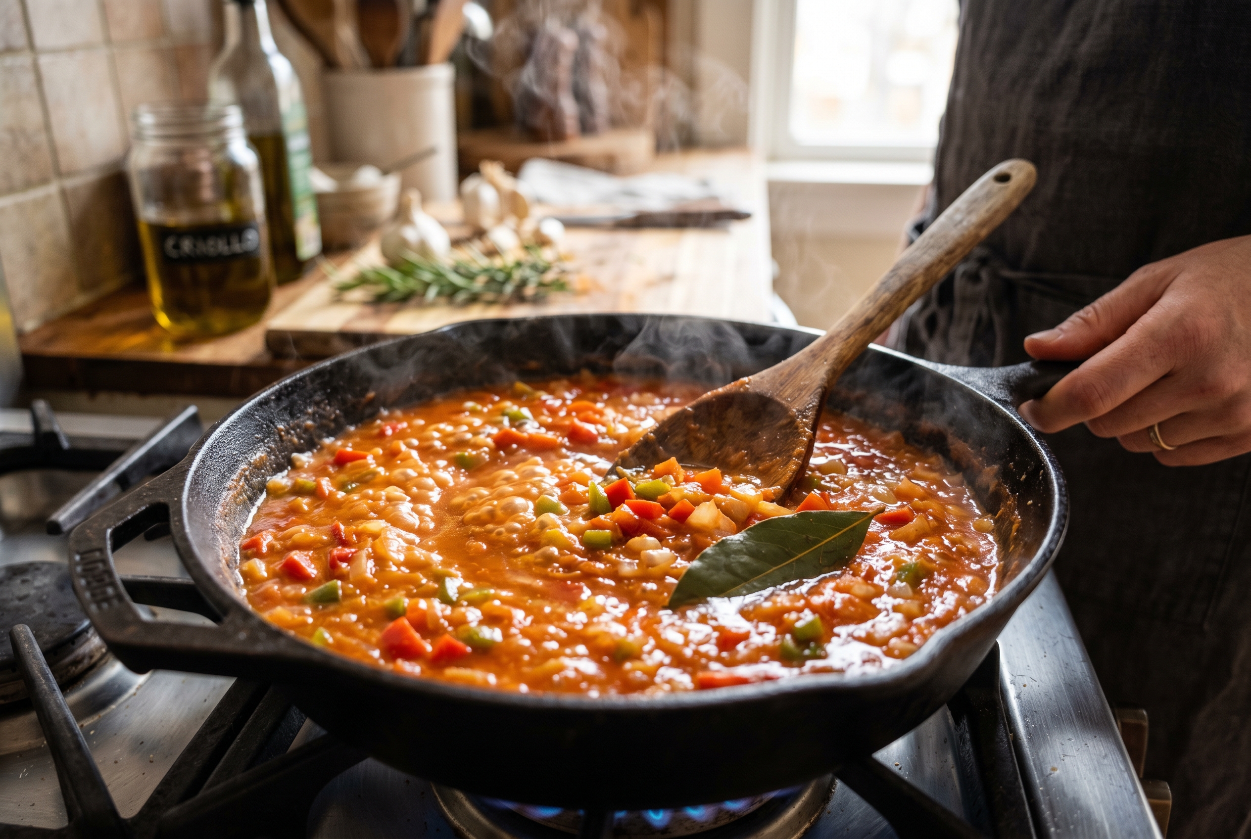 Criollo tomato sauce simmering in skillet with sofrito peppers and onion