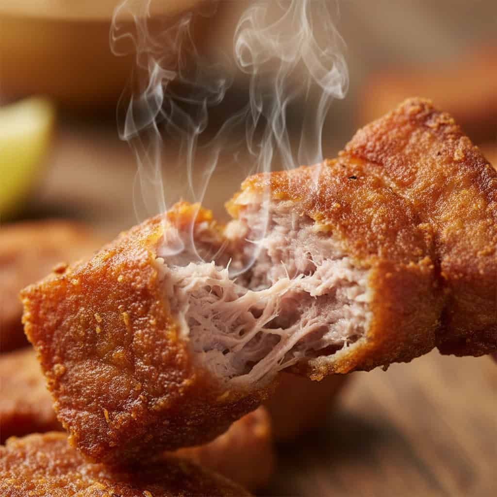 Close-up of crispy carne frita showing cracking exterior and tender interior