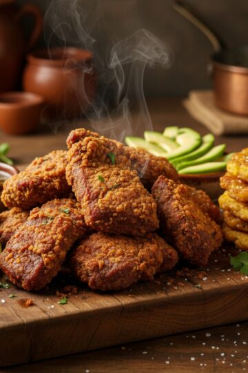 Carne frita dominicana - crispy fried beef chunks with lime wedges and tostones