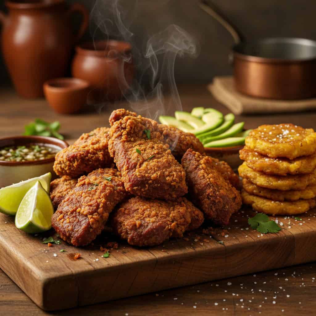 Carne frita dominicana - crispy fried beef chunks with lime wedges and tostones