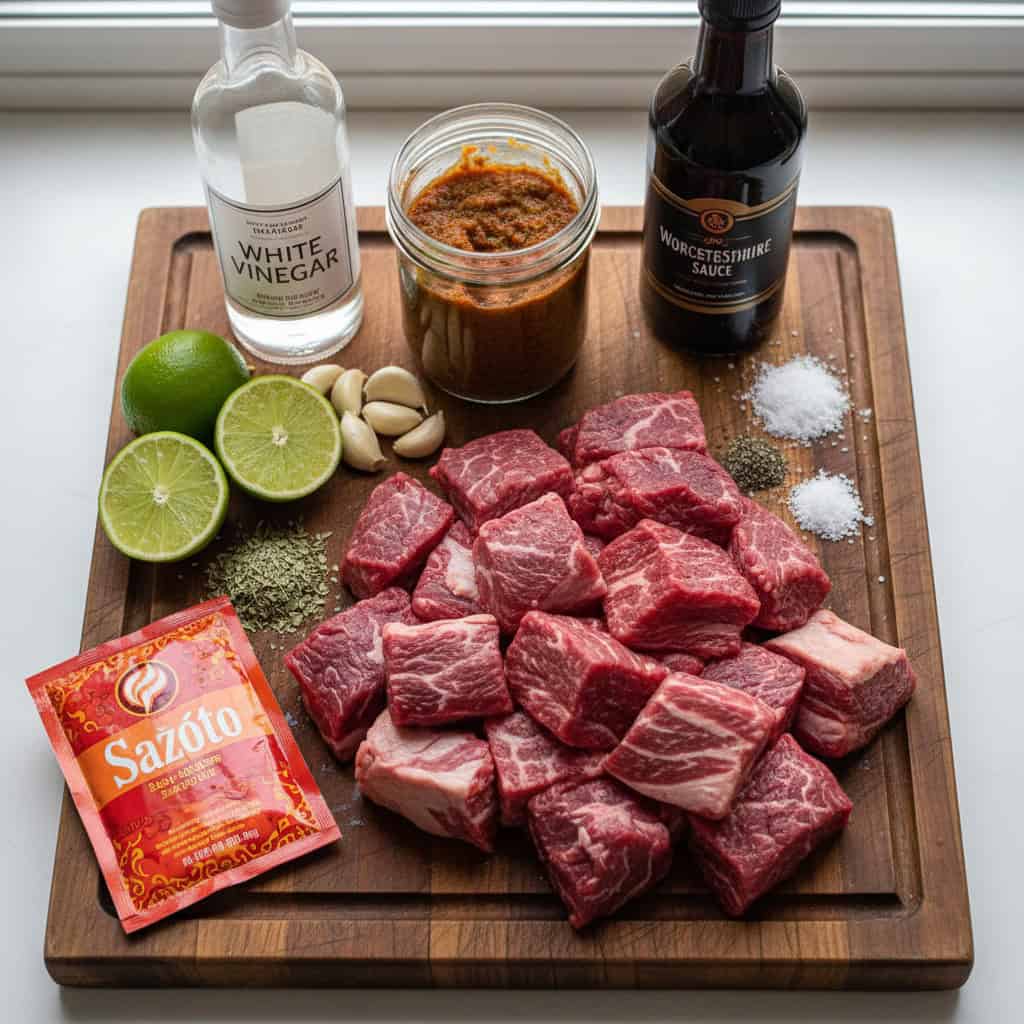 Ingredients for carne frita dominicana laid out on counter