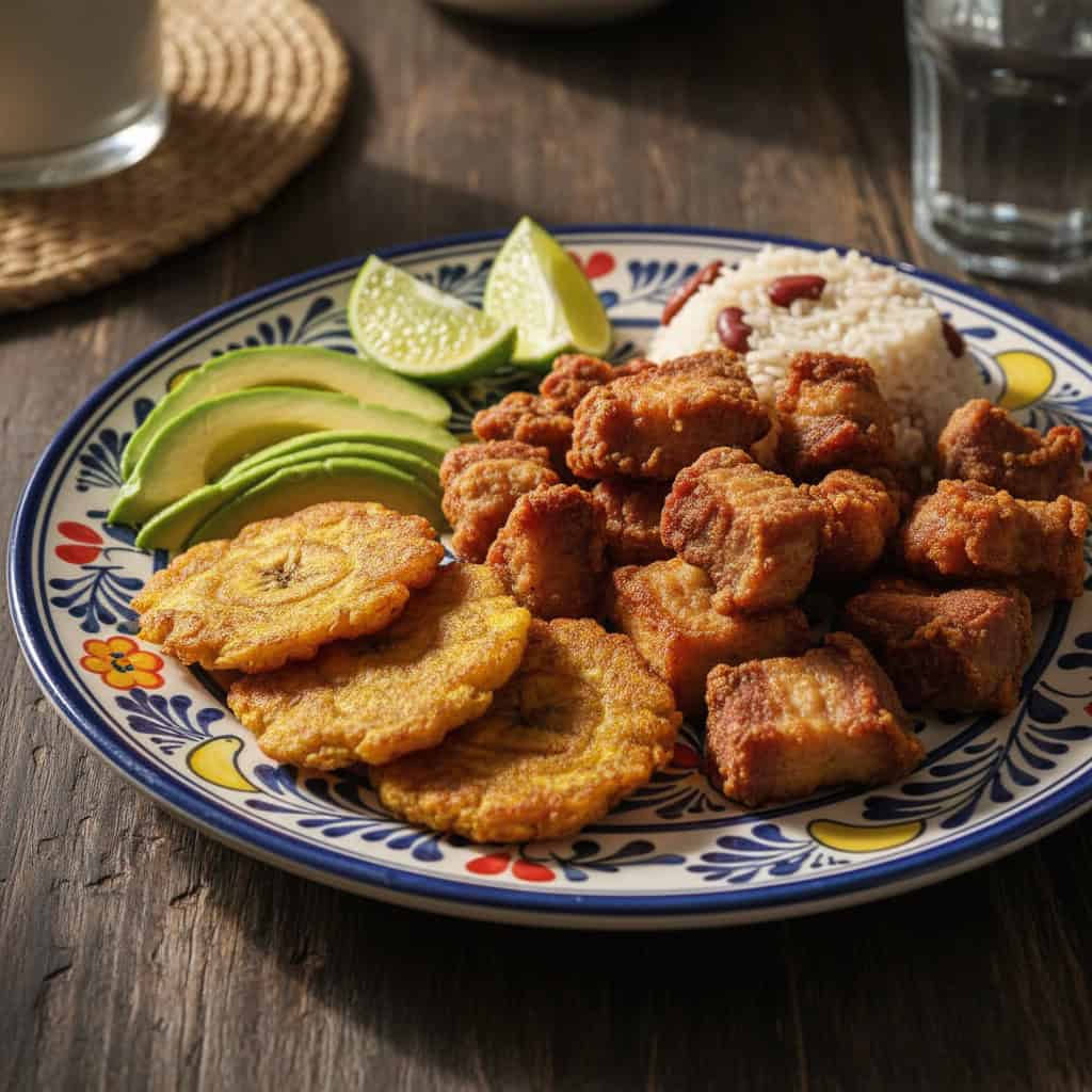 Carne frita served with tostones and avocado on a Dominican plate
