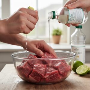 Beef chunks being cleaned with lime and vinegar before seasoning
